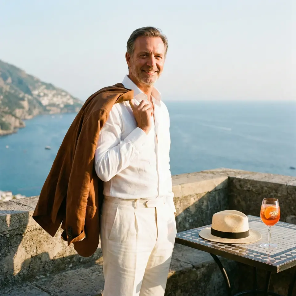 Man in white linen with jacket over shoulder, enjoying a coastal view with drink and hat on table nearby.