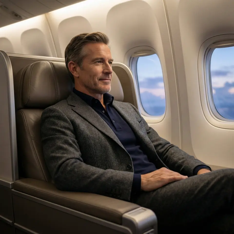 Man in business class wearing a suit, relaxed on a plane seat with a view of the sky through the window.