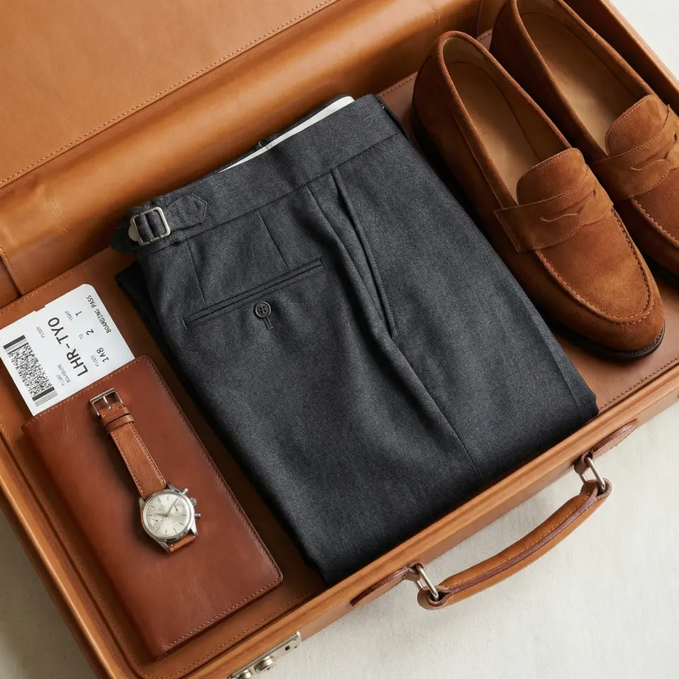Packed suitcase with grey trousers, brown loafers, leather wallet, watch, and LHR to TYO flight ticket.