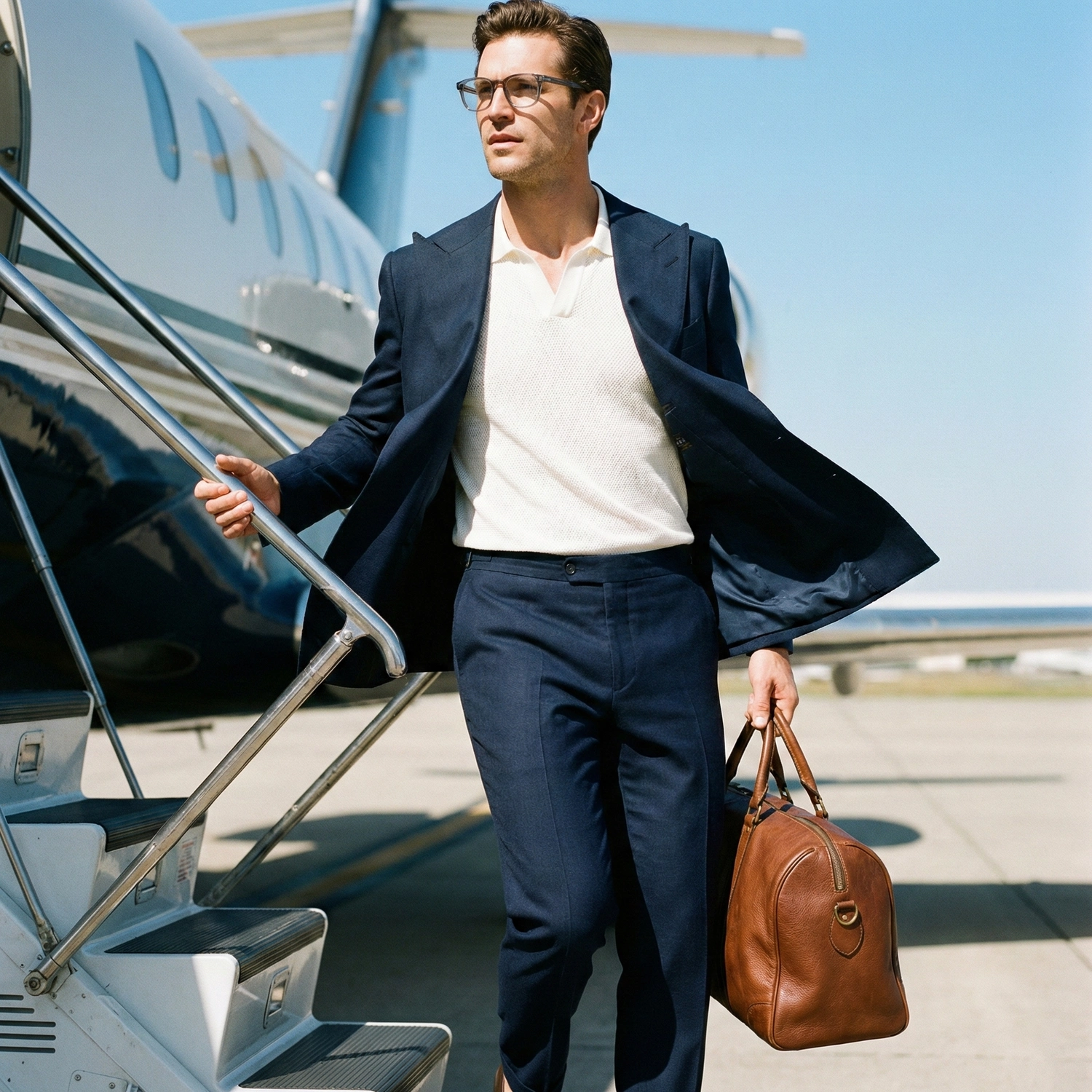 Man in a bespoke travel suit with a brown leather bag exiting a private jet on a sunny day.