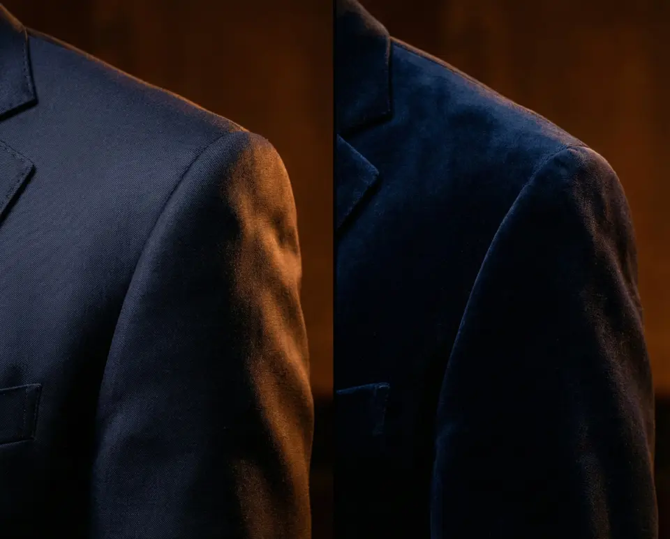 Comparison of velvet and wool suits, highlighting texture and color differences on a dark background.