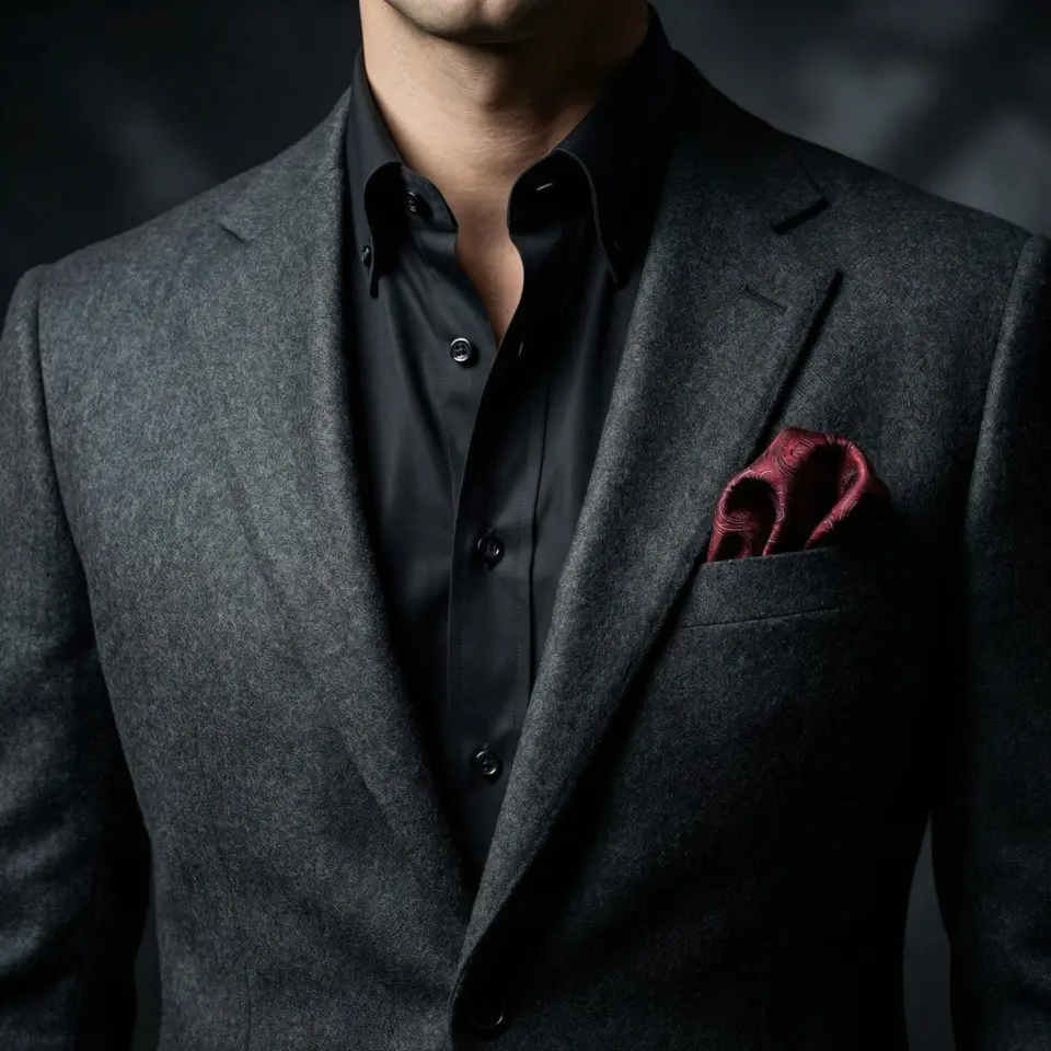 Man in a tailored gray suit and black shirt with a red pocket square, showcasing elegant business attire.