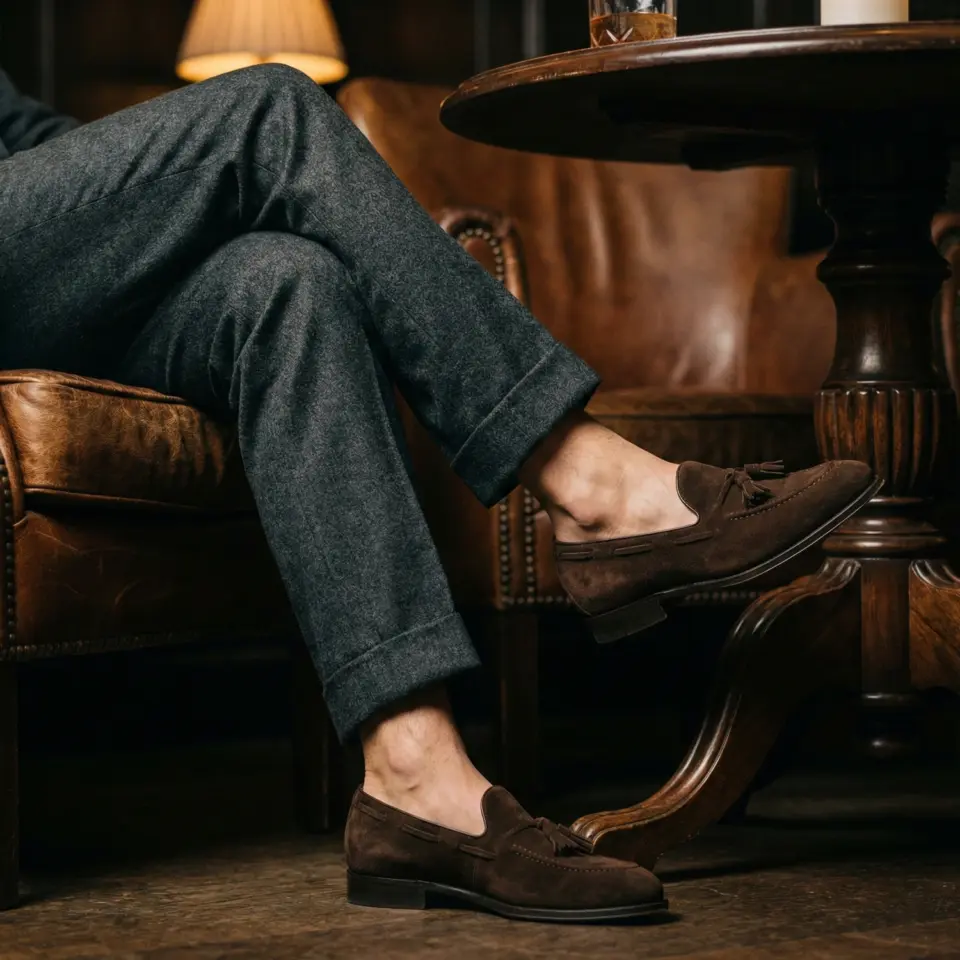 Man in suede loafers and rolled-up trousers relaxing on a leather chair next to a wooden table. Cozy atmosphere.