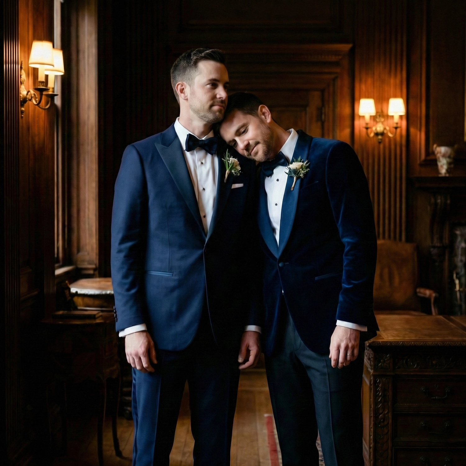 Two men in formal suits embrace affectionately in an elegant, wood-paneled room.