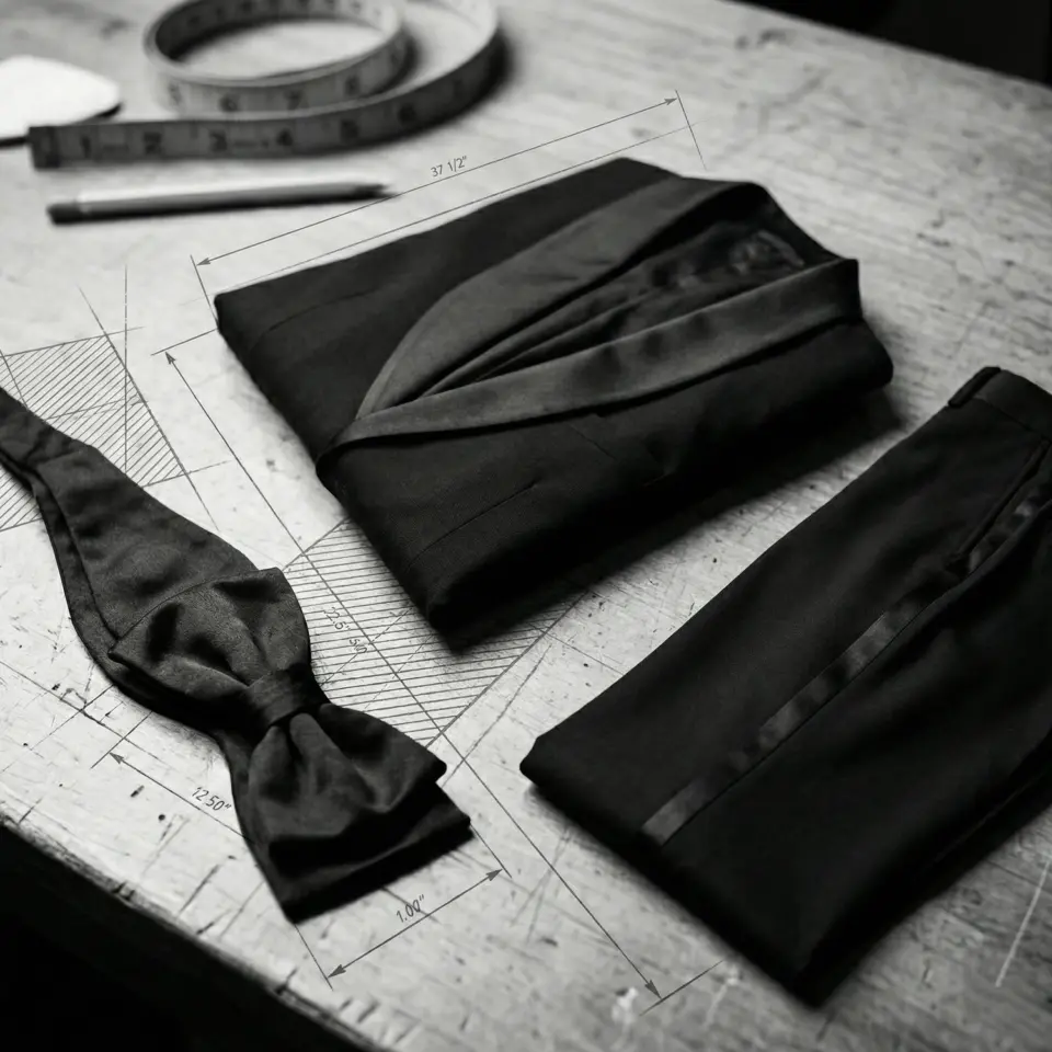 Elegant black tuxedo, bow tie, and pants with measuring tape on tailor's workbench.
