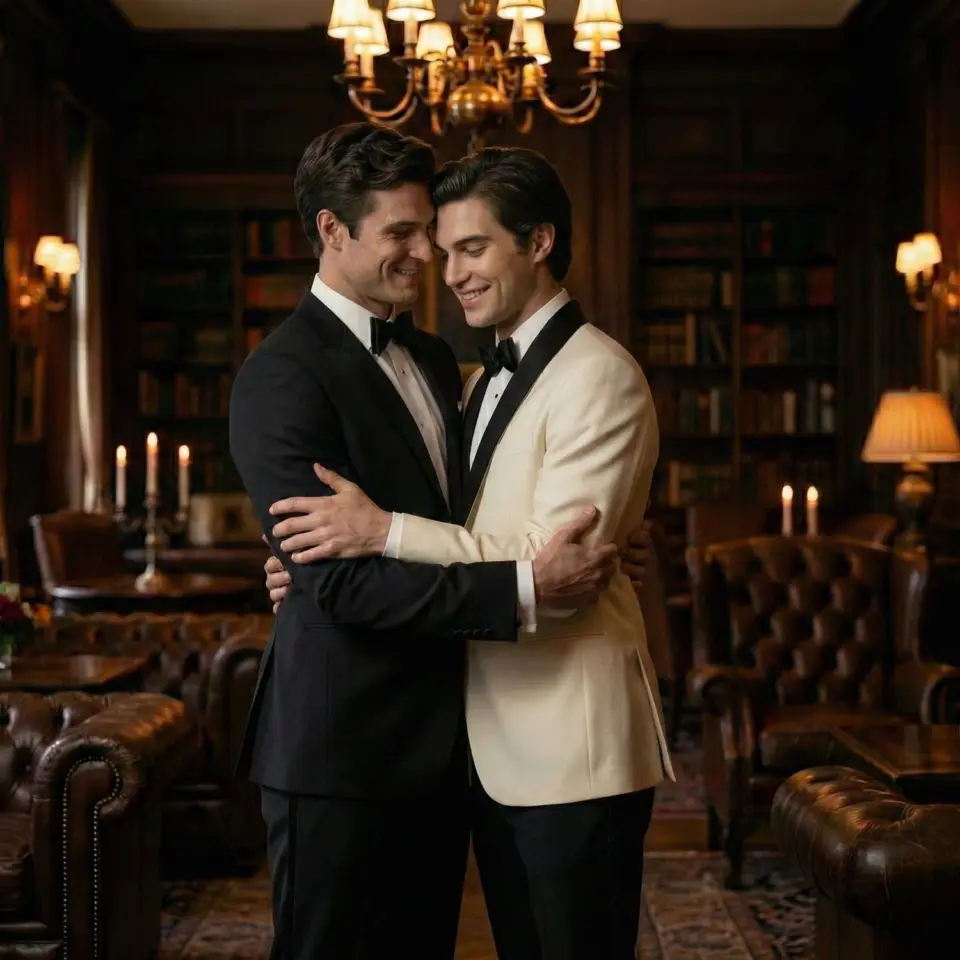 Two men in coordinating suits embrace warmly in an elegant, candle-lit library, reflecting refined evening style and emotional connection.