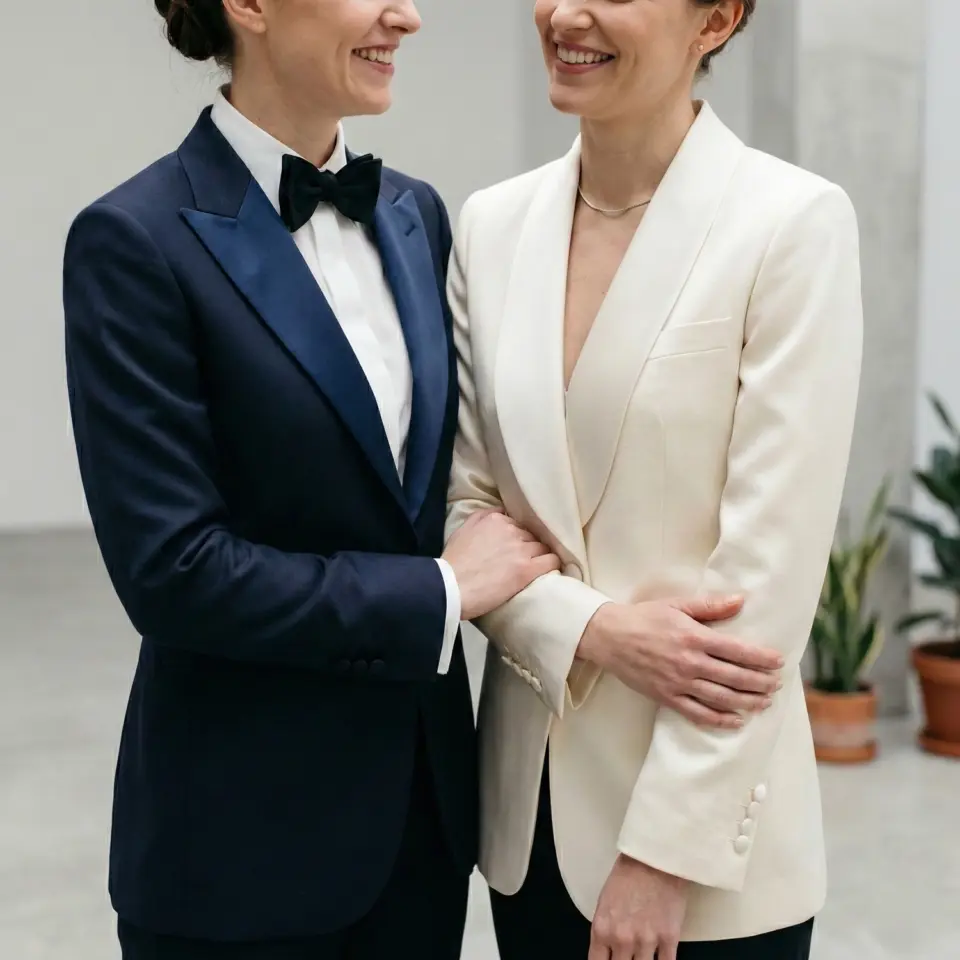 Two women elegantly dressed in tailored suits, smiling and holding each other affectionately indoors.