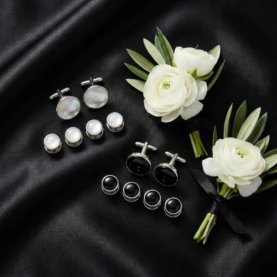 Elegant cufflinks and boutonnières on black silk background, showcasing classic style and sophistication.