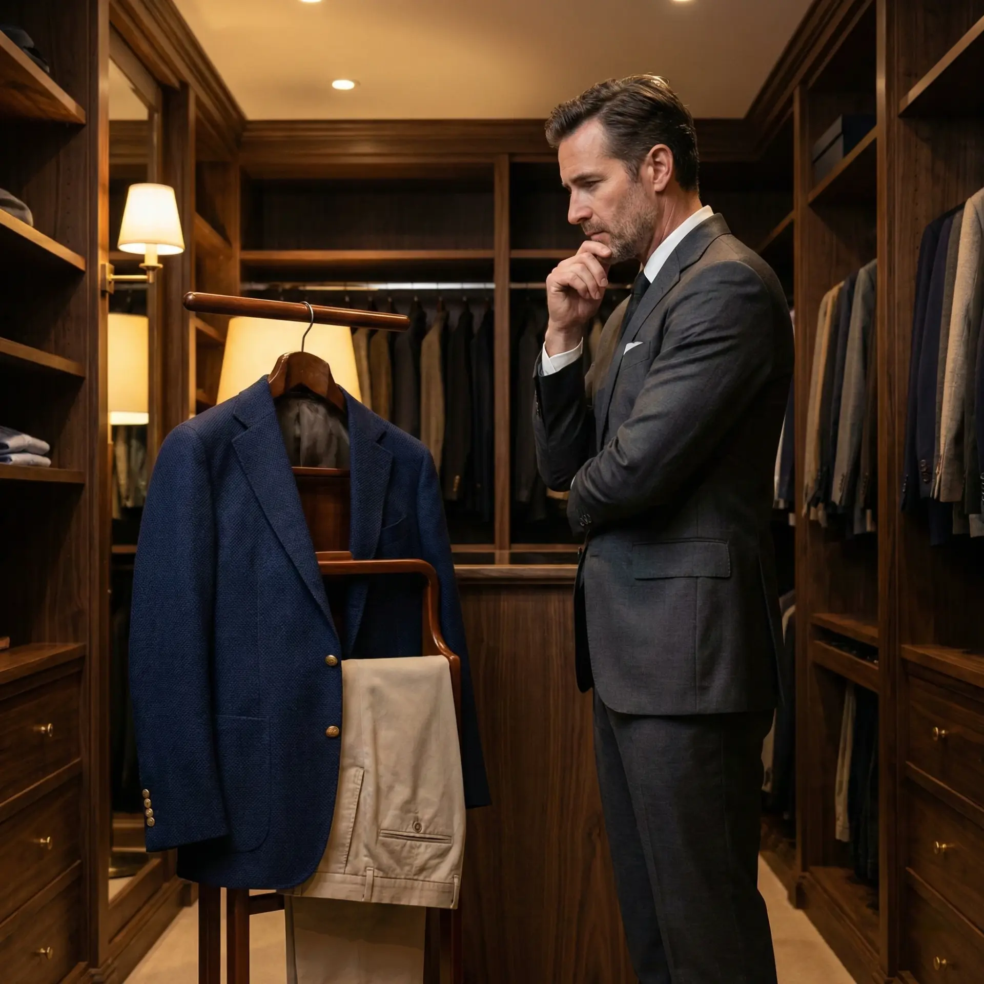 Man in suit contemplating outfit choice in elegant walk-in closet with tailored jackets.