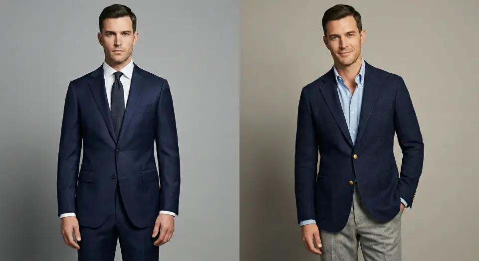 Man in a formal navy suit on left, and a casual blazer with light blue shirt on right, showcasing men's fashion styles.