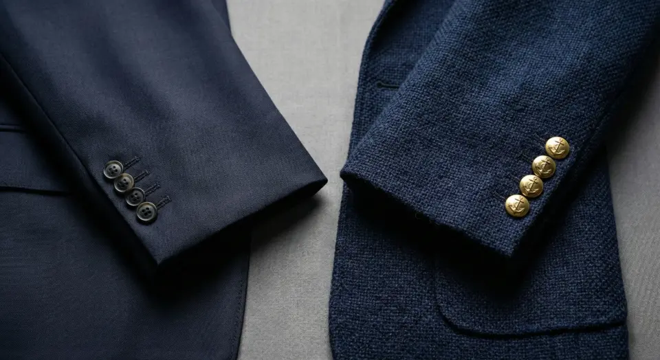 Navy wool and textured blazers with button detail on a gray background, showcasing stylish men's fashion.