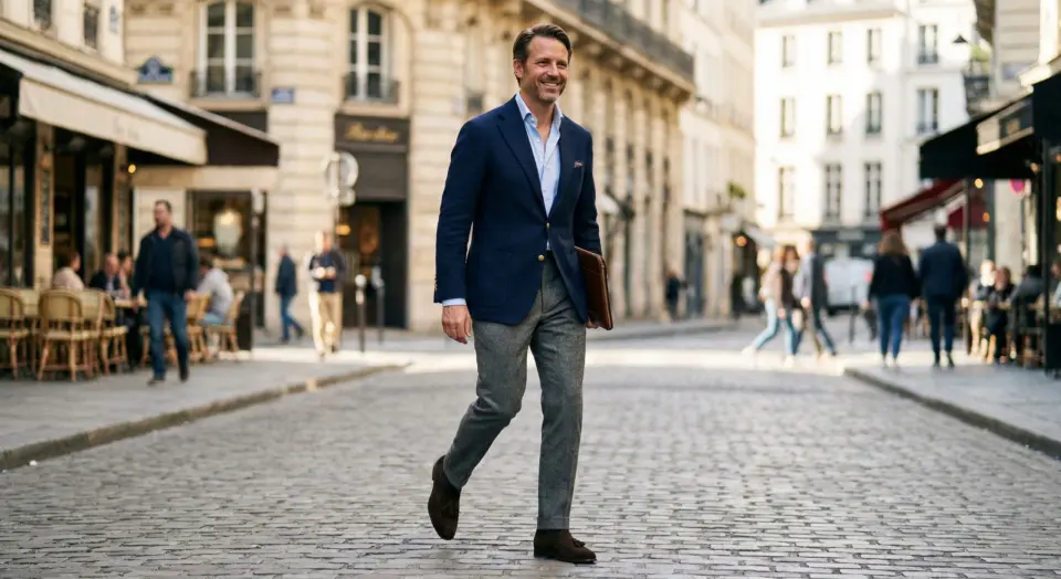 Businessman walking confidently on a European cobblestone street, holding a leather portfolio, wearing a blue blazer.