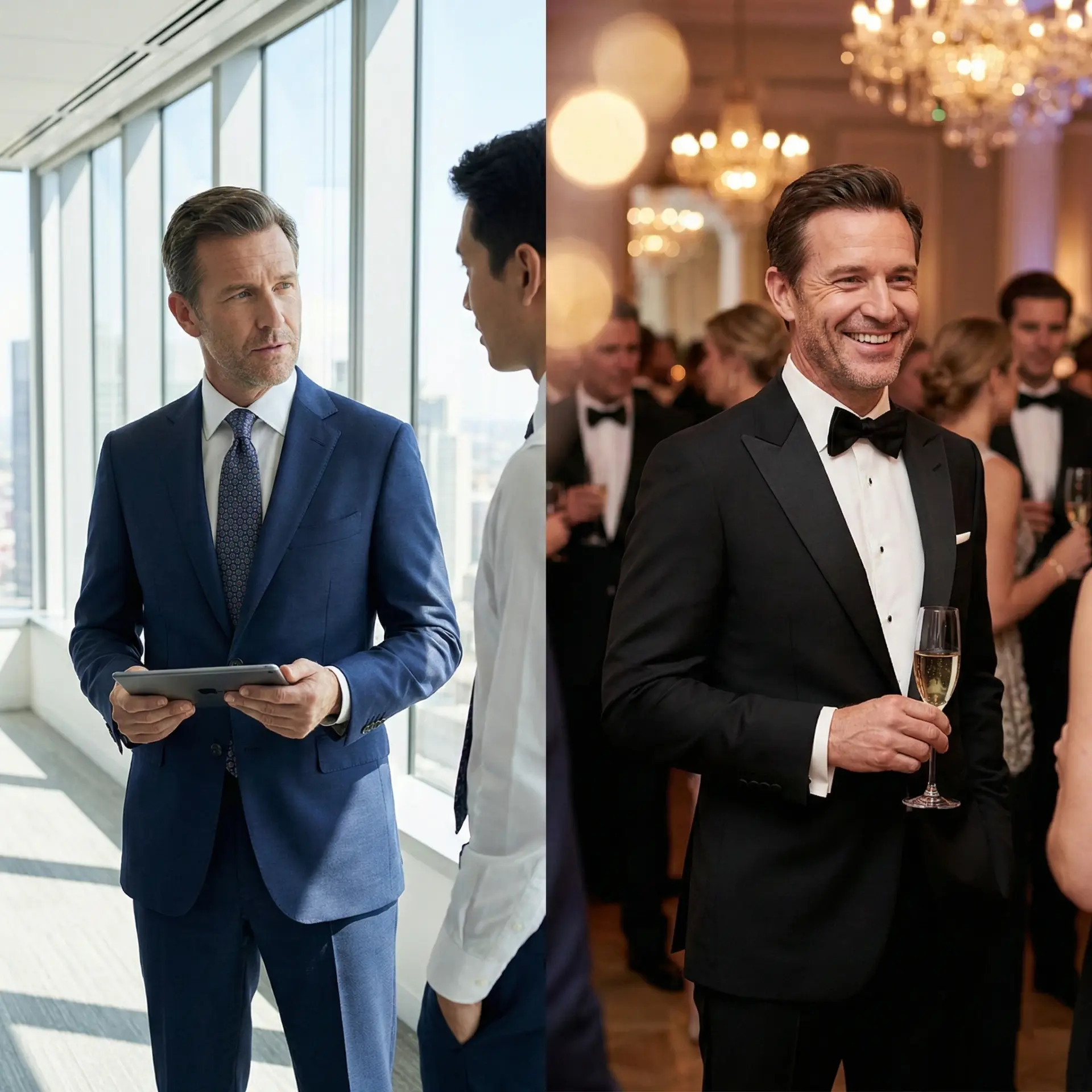 Left image: Businessman in blue suit consulting a colleague; Right image: Same man in tuxedo holding a glass at an event.
