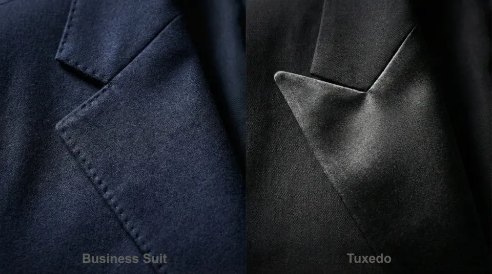 Close-up comparison of a navy business suit and a black tuxedo jacket, highlighting fabric and lapel details.