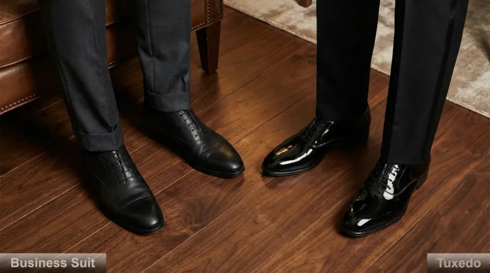 Business suit vs tuxedo shoes on wooden floor, showcasing classic formal footwear options.