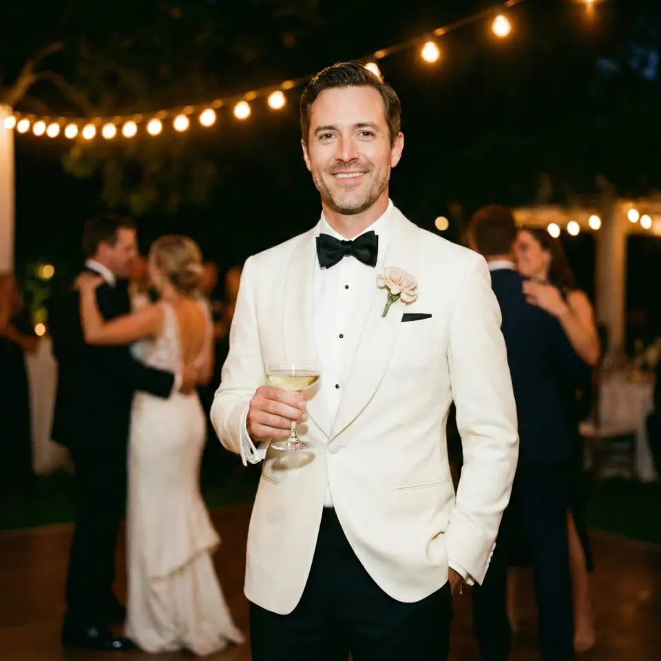 Man in a white tuxedo holding a drink at an elegant outdoor wedding reception with string lights.