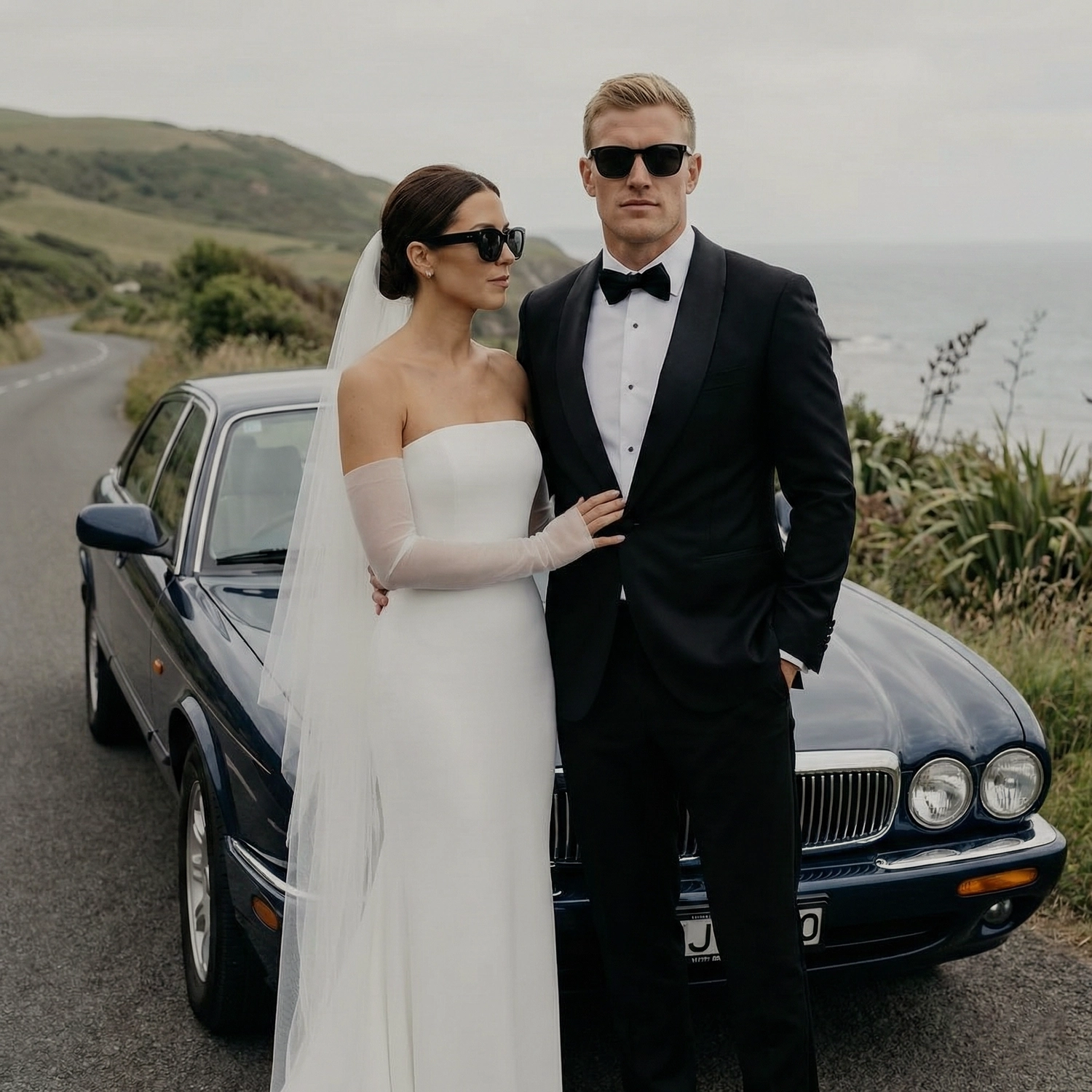 Bride and groom in sunglasses pose by vintage car on scenic coastal road.