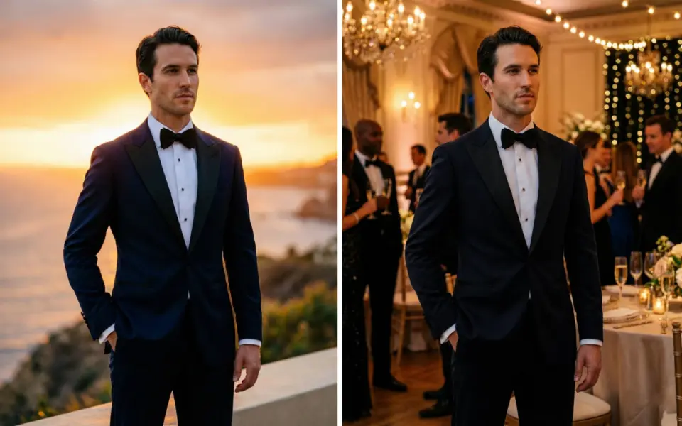 Man in tuxedo at sunset and elegant event, showcasing formal wear for weddings and special occasions.