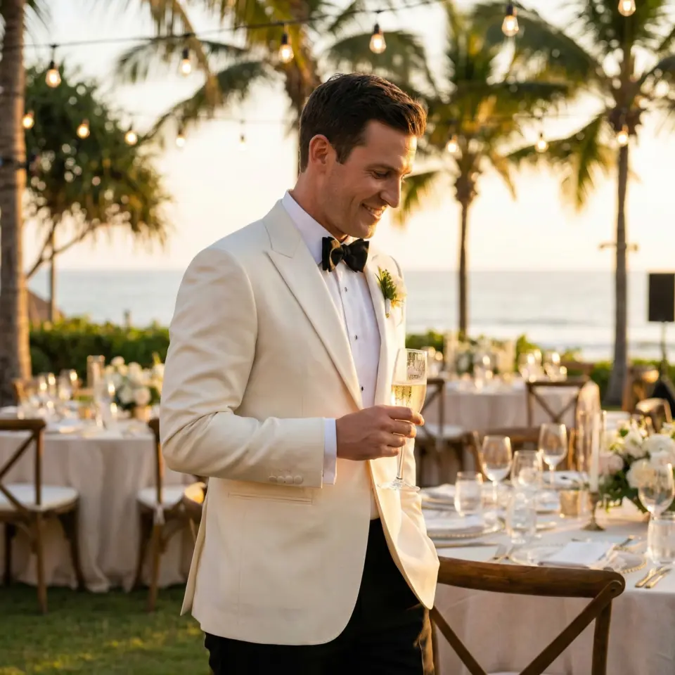 Groom’s black tie with champagne at an outdoor beach wedding reception with palm trees and decorations.