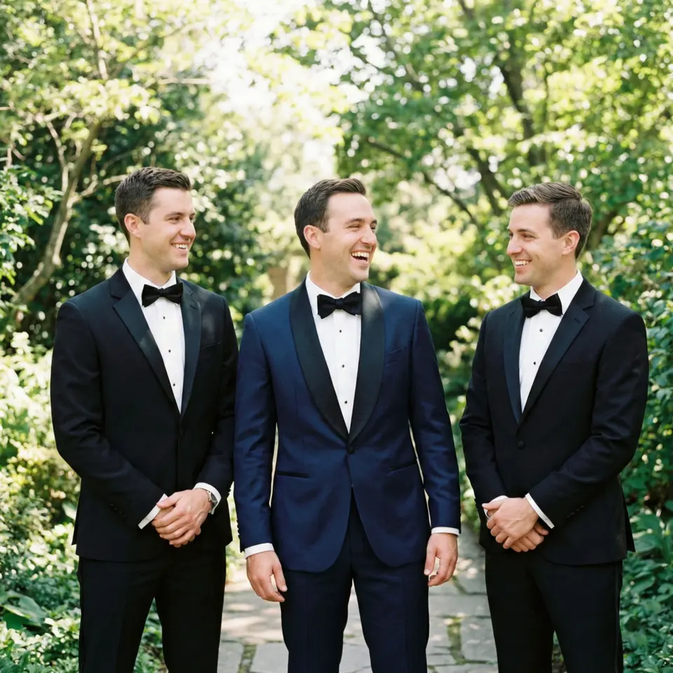 Three men in tuxedos smiling outdoors at a wedding in a lush garden setting.