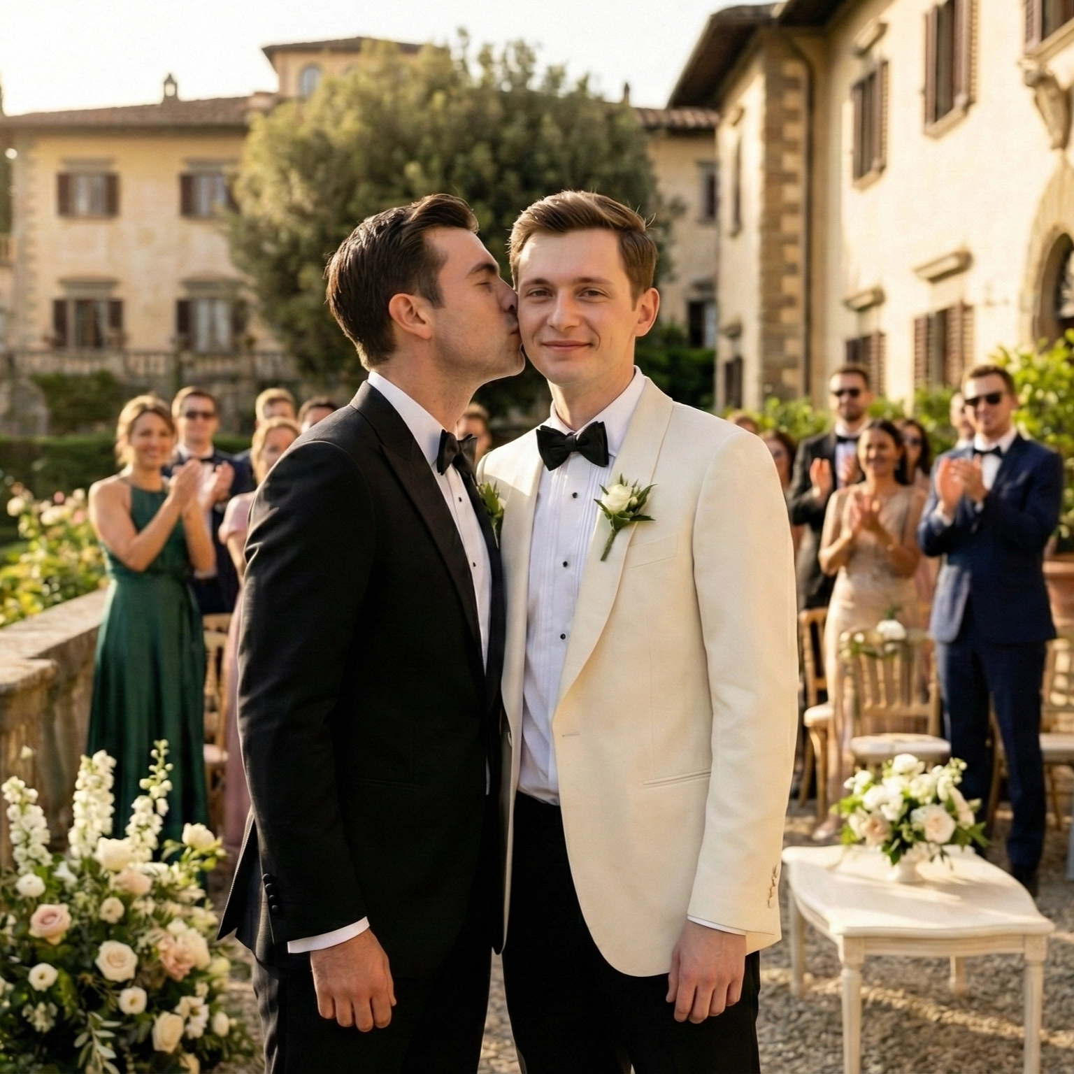 Two grooms in refined tuxedos share a kiss during an outdoor wedding ceremony, highlighting modern androgynous bridal suits for contemporary grooms.