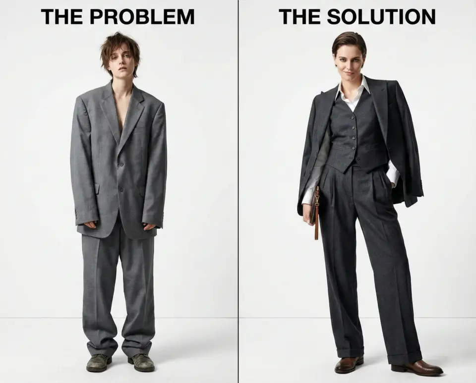 Comparison of ill-fitting and tailored suits on two people, labeled as 'The Problem' and 'The Solution.'