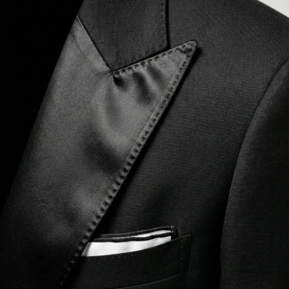 Close-up of a black tuxedo jacket with a satin lapel and a white pocket square.
