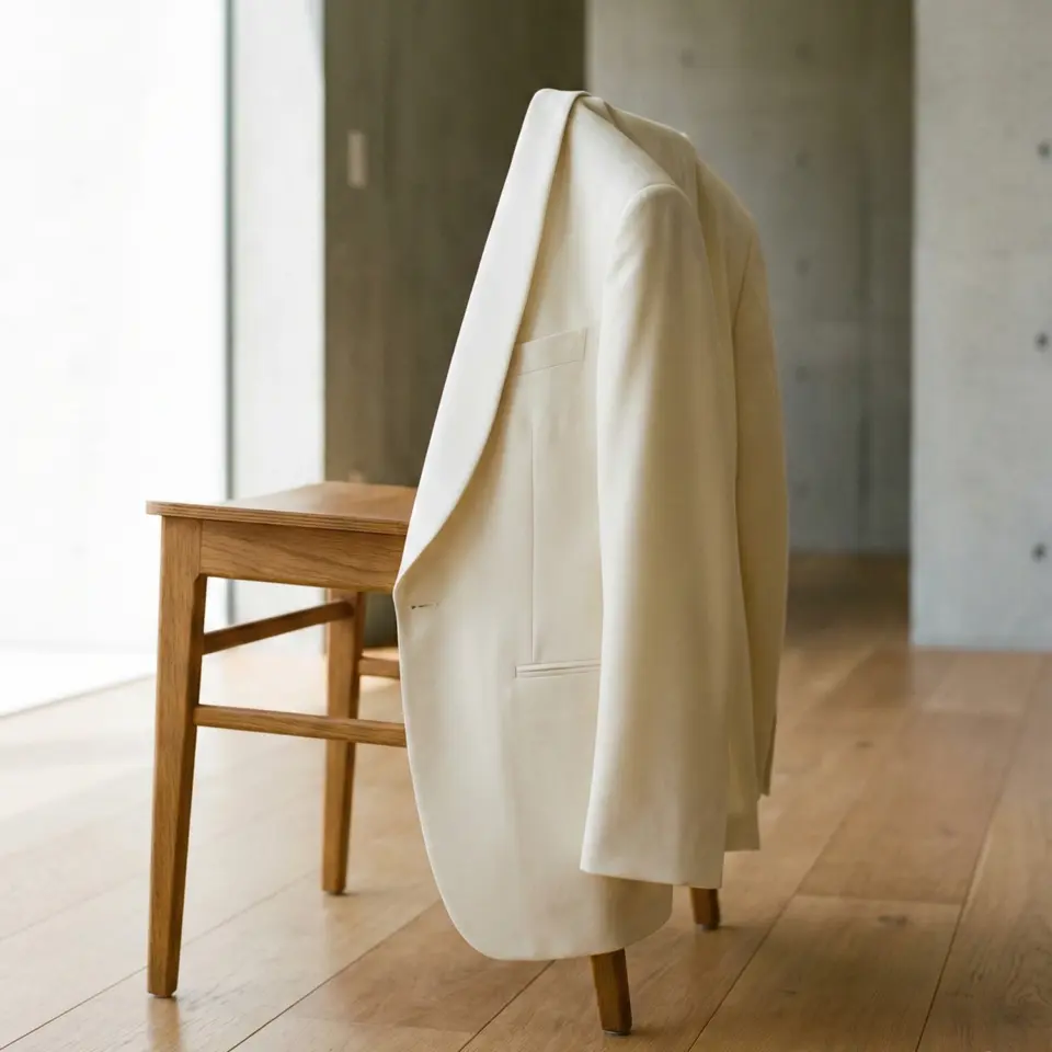 Elegant cream blazer draped over a wooden chair in a minimalist room.