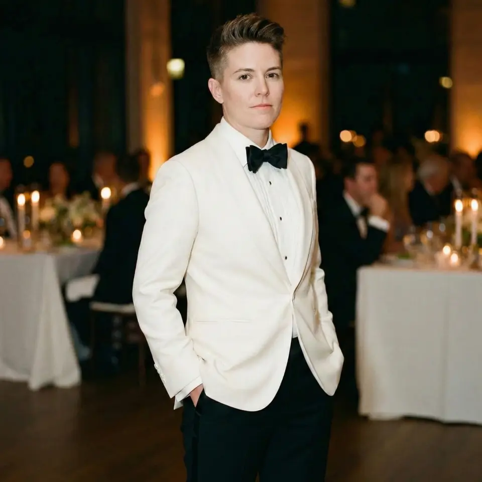 Person in white tuxedo with black bow tie at an elegant event with candlelit tables in the background.