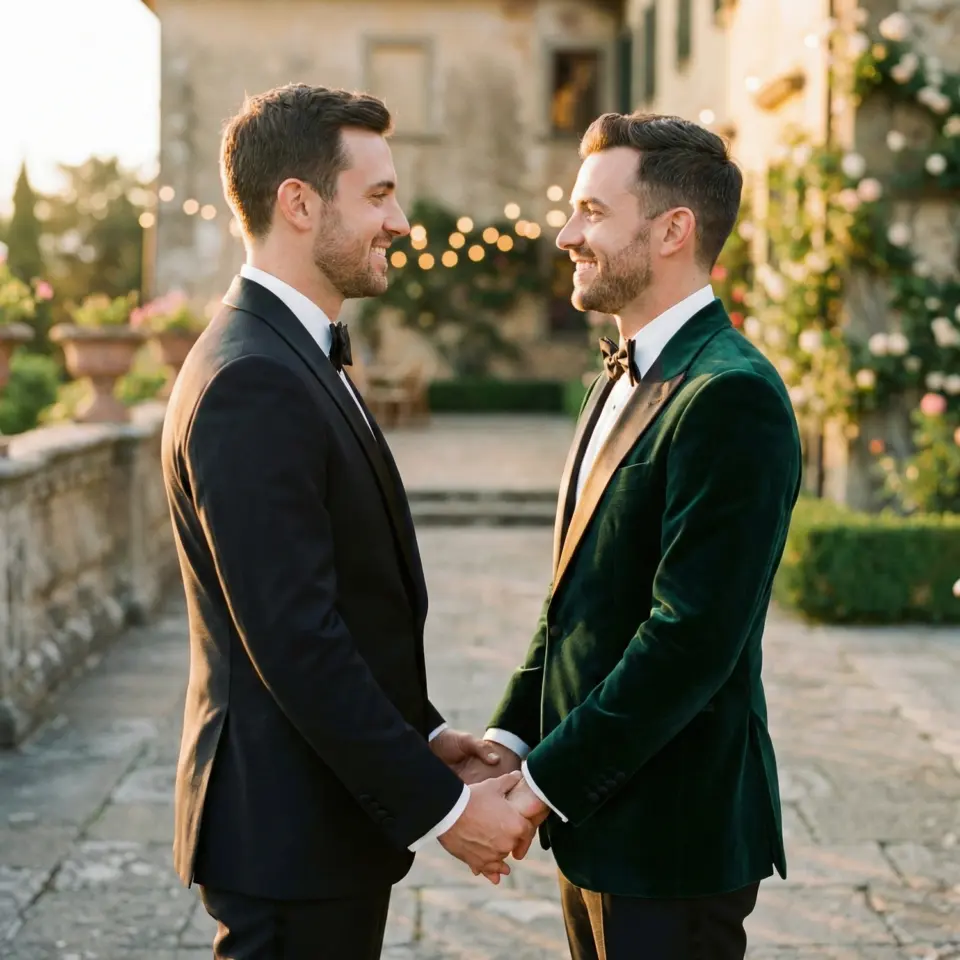 Two grooms holding hands and smiling at each other during an outdoor wedding ceremony.
