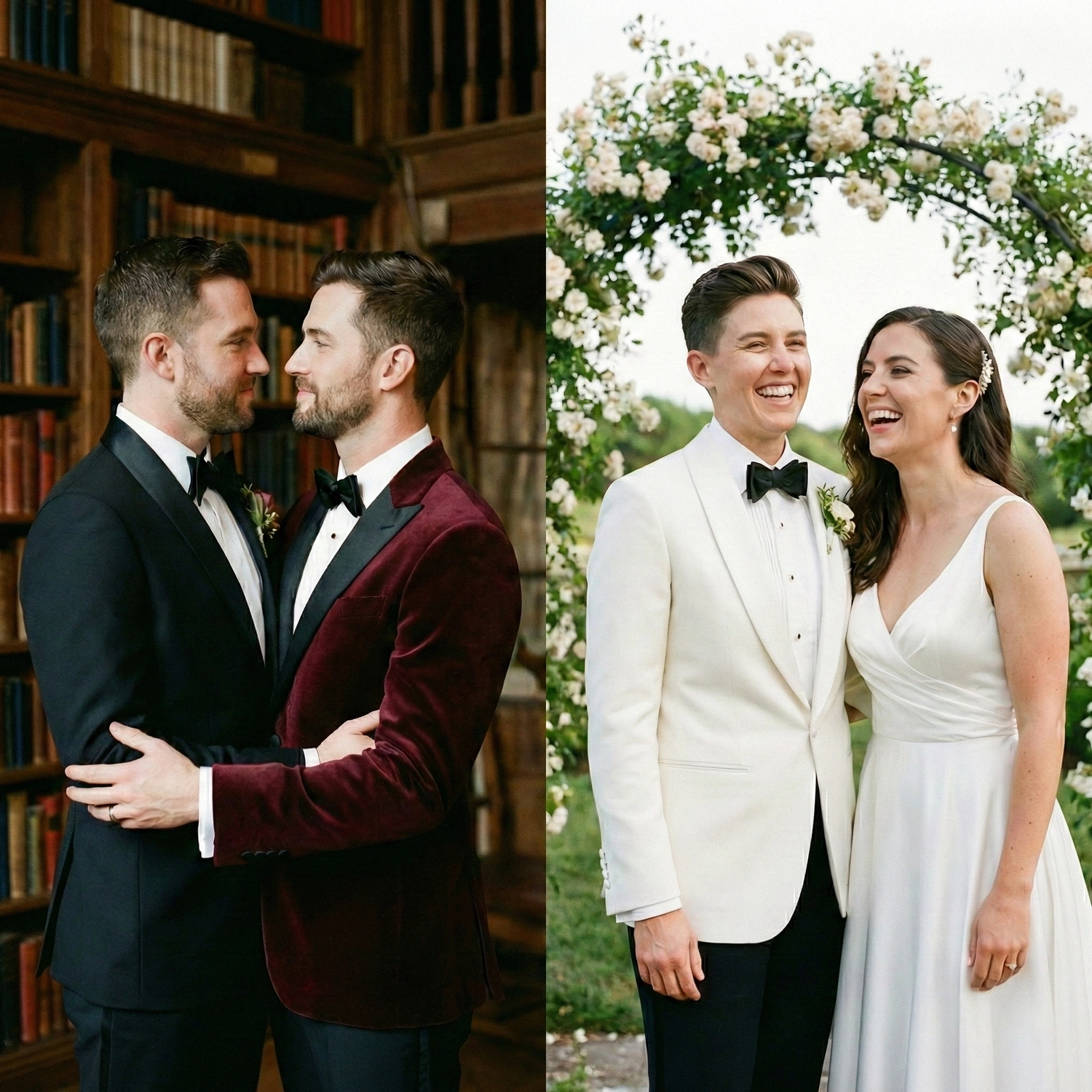 LGBTQ+ wedding inspiration featuring androgynous wedding suit colors, with couples in black, burgundy velvet, and ivory dinner jackets celebrating love.