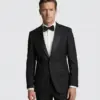 Man in a black tuxedo with a bow tie, standing against a plain background.