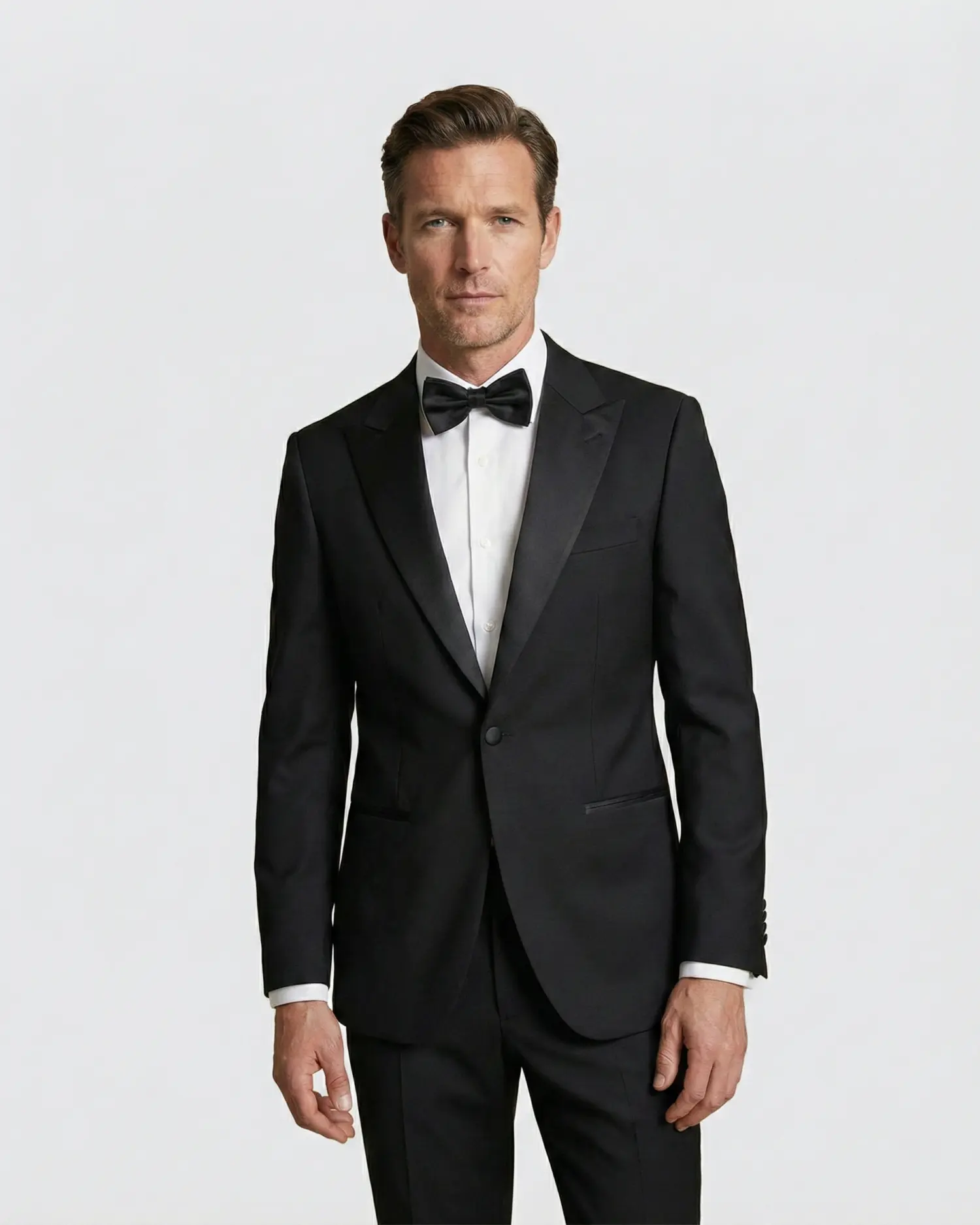 Man in a black tuxedo with a bow tie, standing against a plain background.
