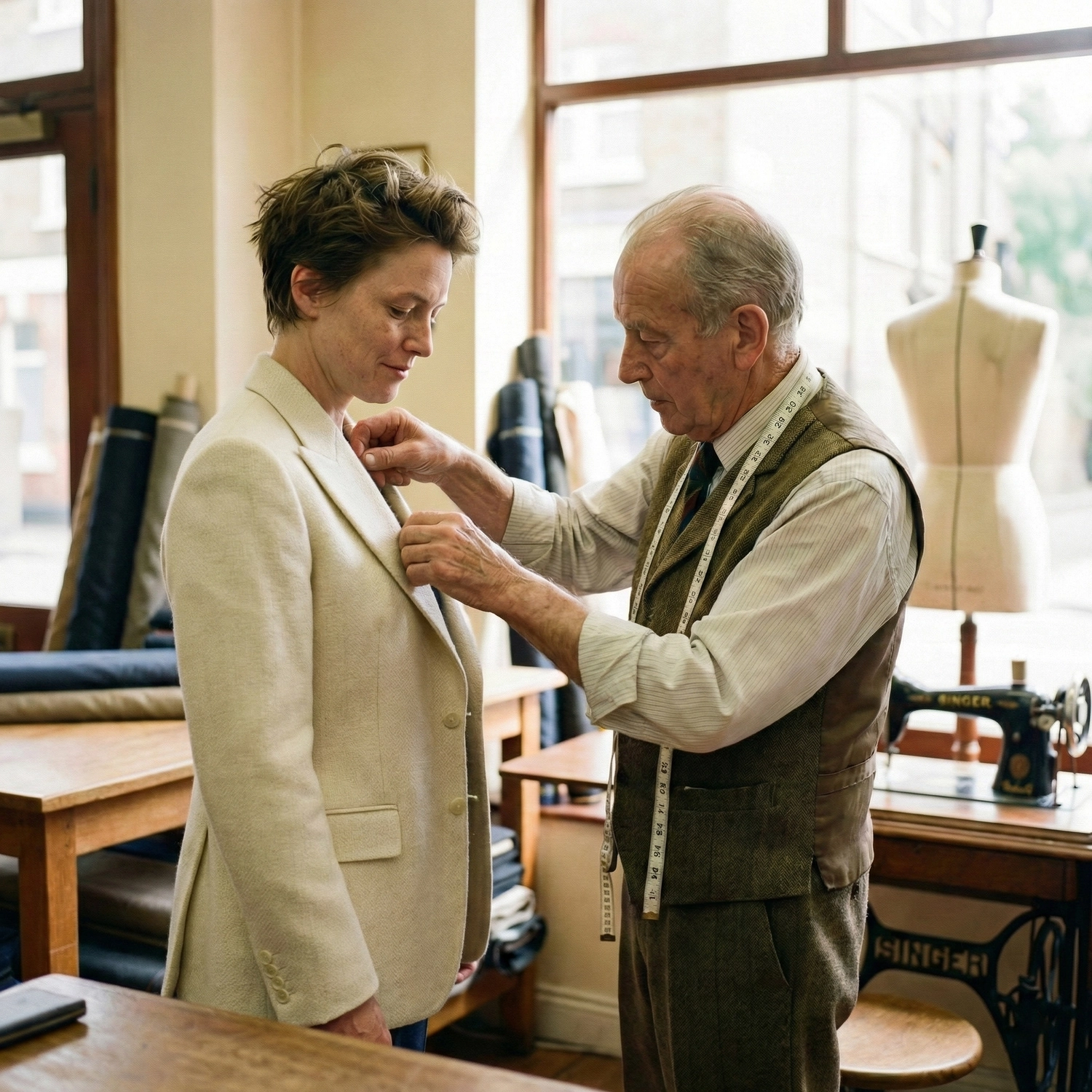 A tailor adjusting a jacket for a customer in a sewing studio, highlighting personalized Androgynous Tailoring and refined craftsmanship.