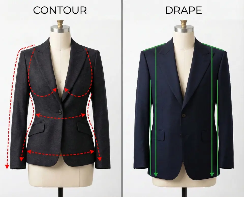 Contour vs. drape blazer styles comparison on mannequins with highlighted fit lines.