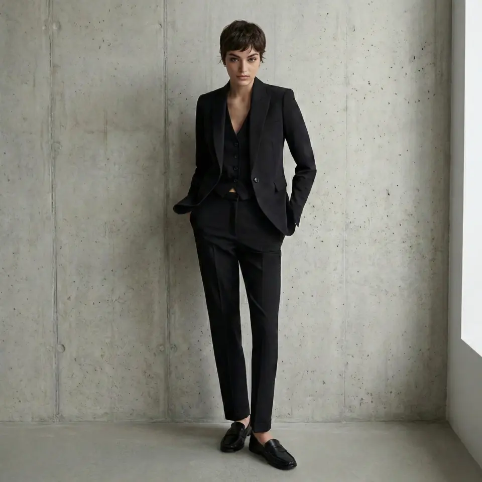 Person in a stylish black suit leans against a concrete wall, embodying modern elegance and confidence.