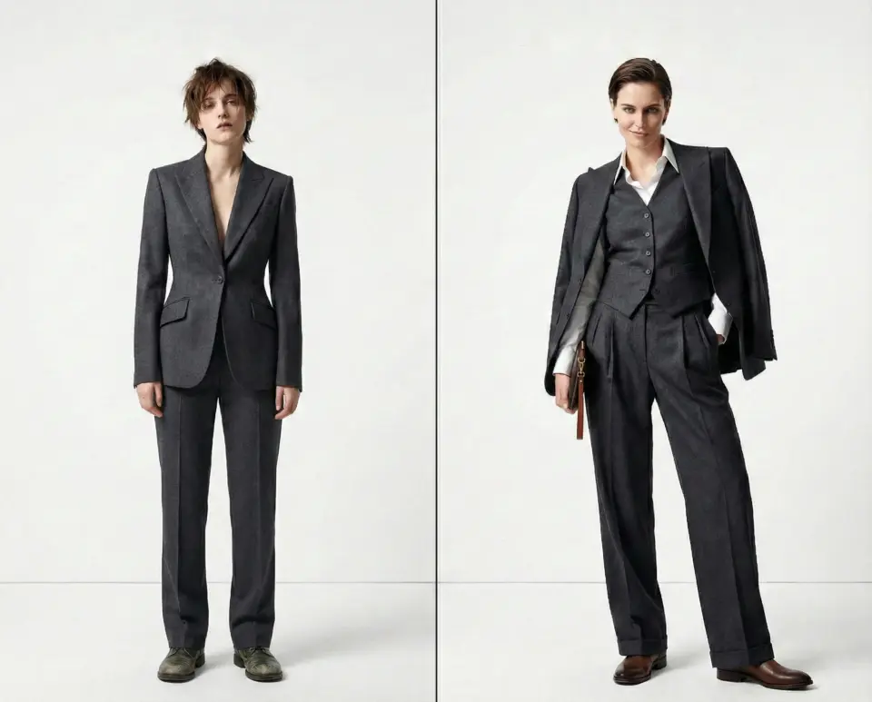 Two individuals in stylish gray suits showcasing fashion diversity and elegance against a plain background.