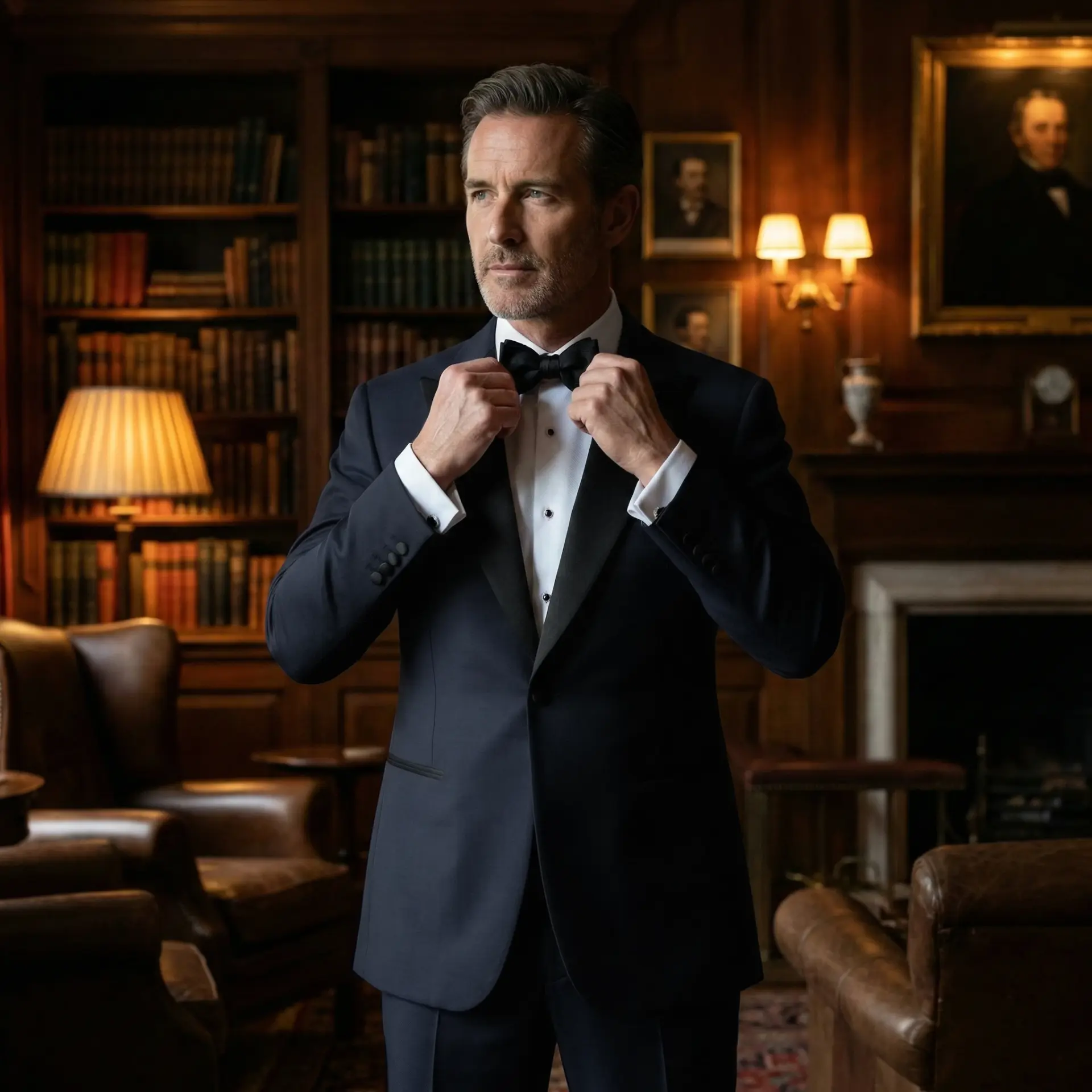Man in bespoke tuxedo adjusting bow tie in elegant library, sophisticated setting, wood-paneled room, vintage decor.