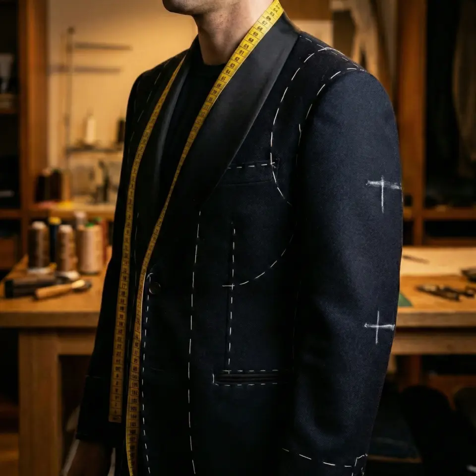 Tailor fitting a bespoke suit with a measuring tape in a workshop setting.