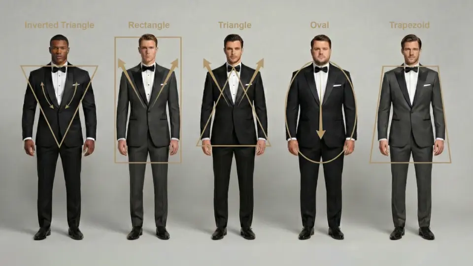 Men's body types in suits: inverted triangle, rectangle, triangle, oval, trapezoid shapes.