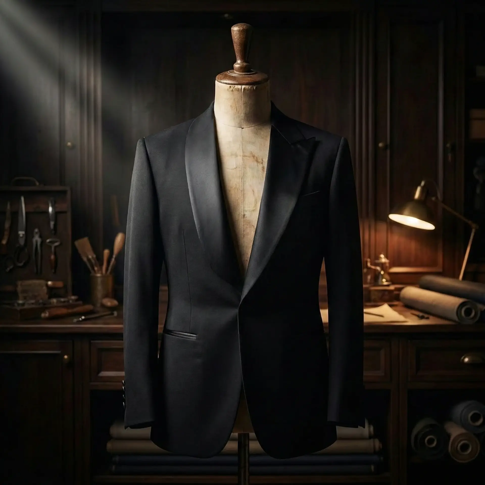 Elegant black tuxedo on mannequin in tailor's workshop, showcasing craftsmanship and luxury tailoring tools in background.
