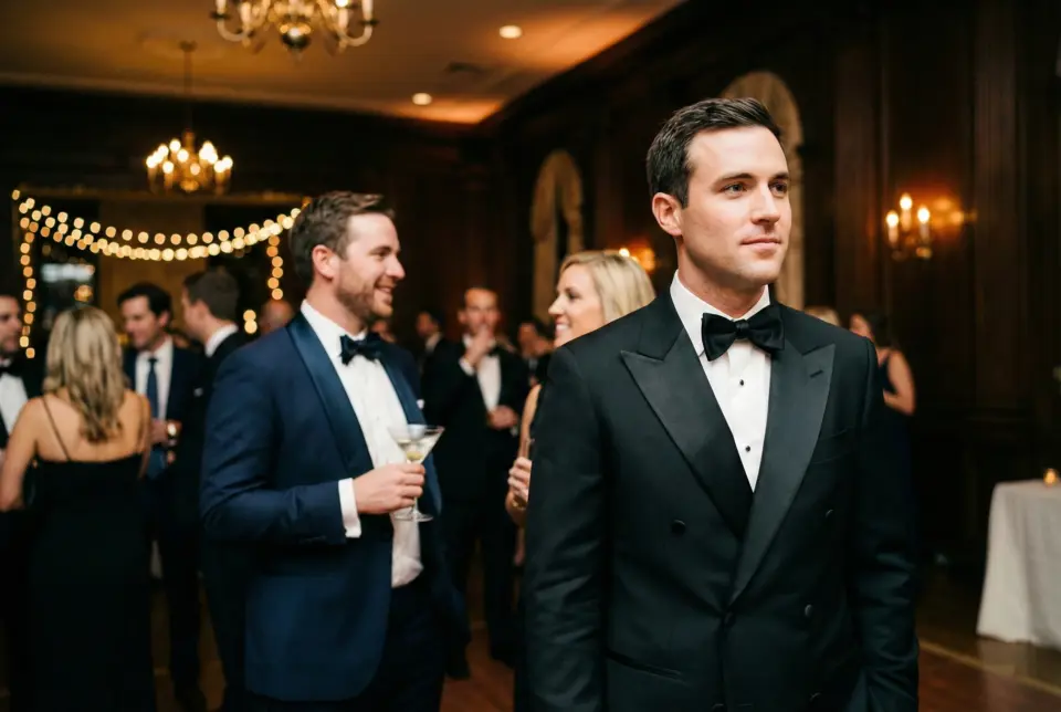 Guests in formal attire mingle at an elegant event, with string lights and chandeliers overhead.