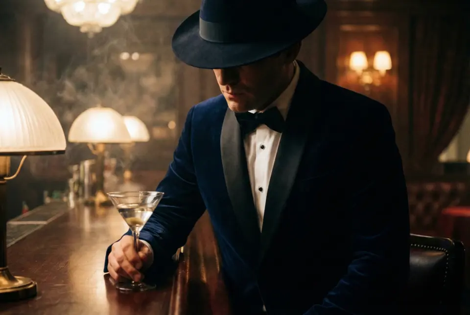 Dapper man in tuxedo and hat holding a martini at a vintage bar, evoking a classic, elegant atmosphere.