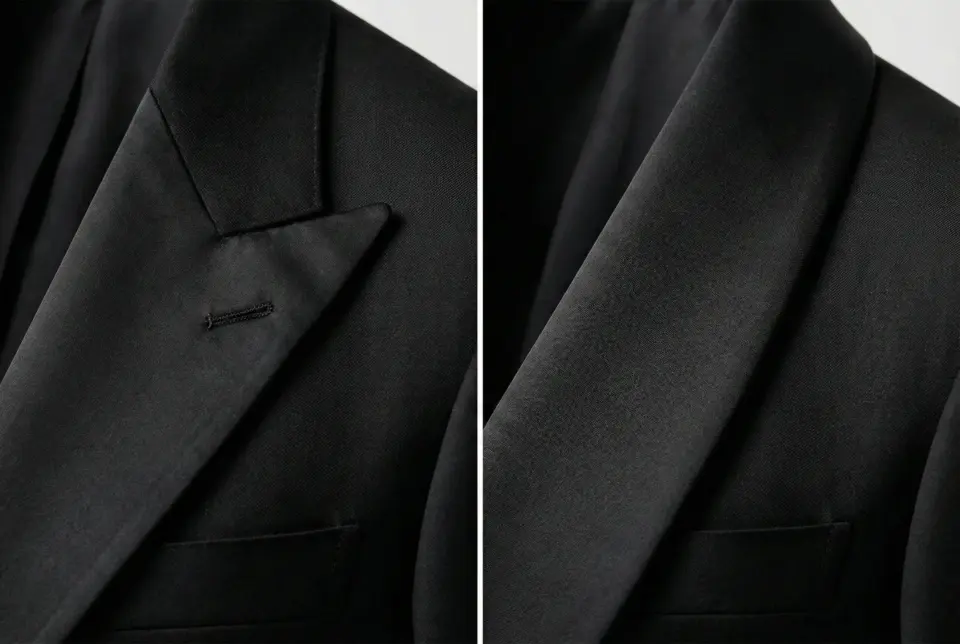 Close-up comparison of a black tie tuxedo jacket, highlighting peak vs shawl lapel craftsmanship and smooth wool-silk texture.