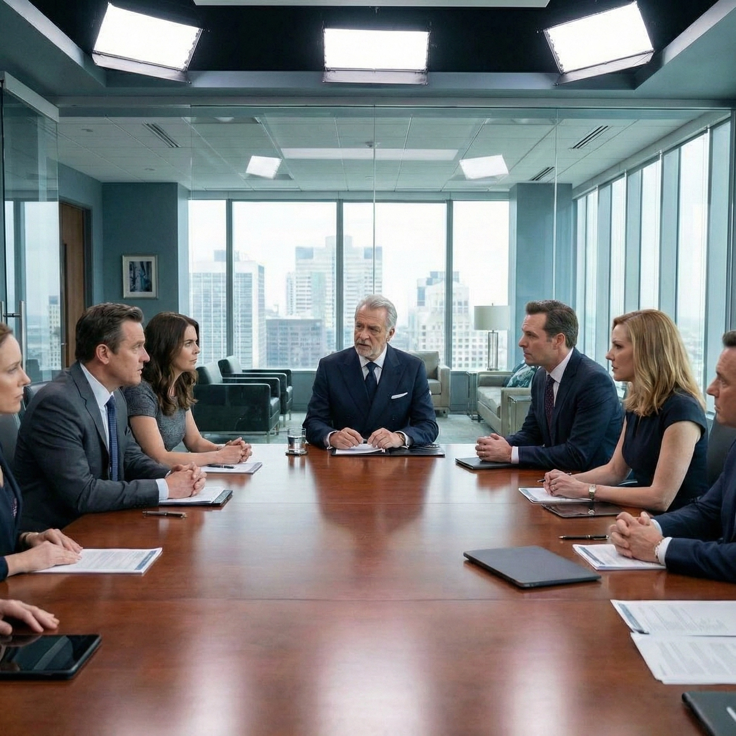 Business meeting in modern conference room, executives discussing around a large wooden table with city view windows.