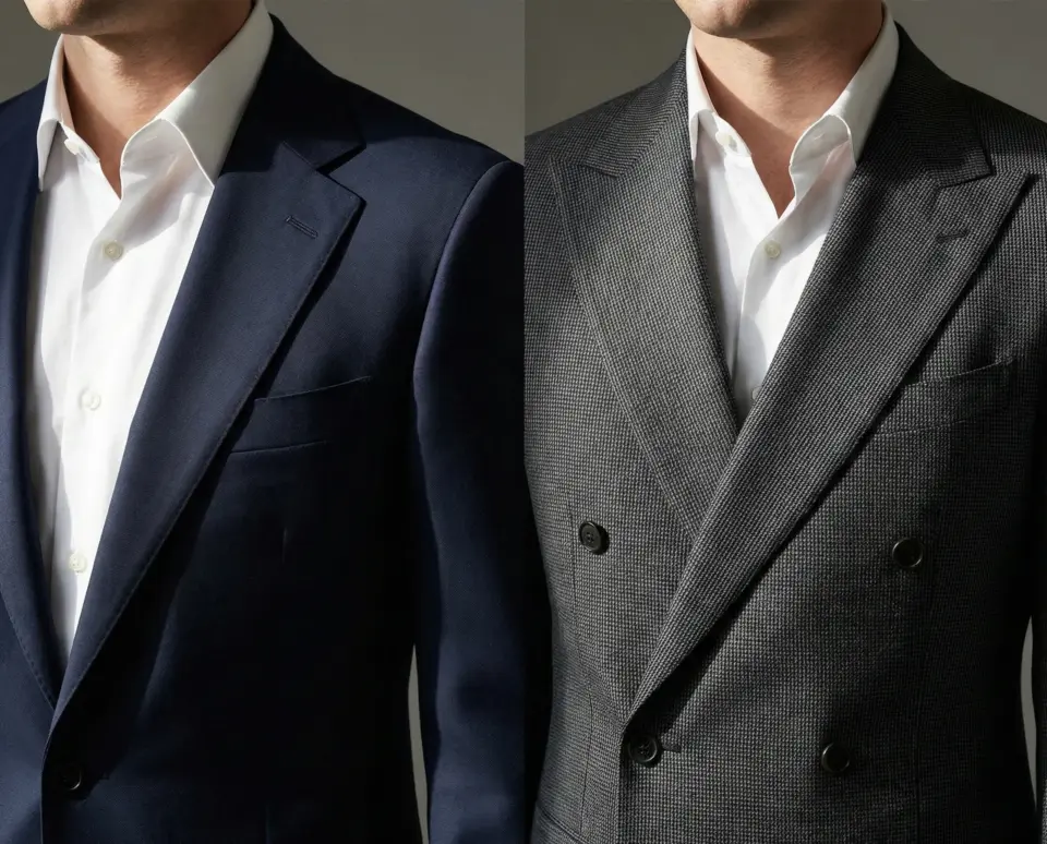 Men's fashion: navy single-breasted and gray double-breasted suits with premium tailoring for a sleek look.