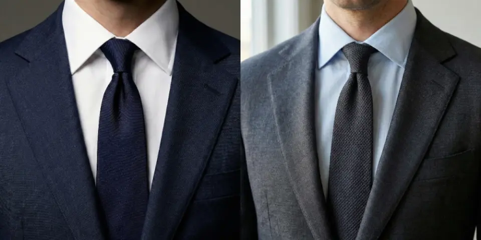 Two men in tailored suits and ties, one with a white shirt and dark tie, the other a blue shirt with textured tie.