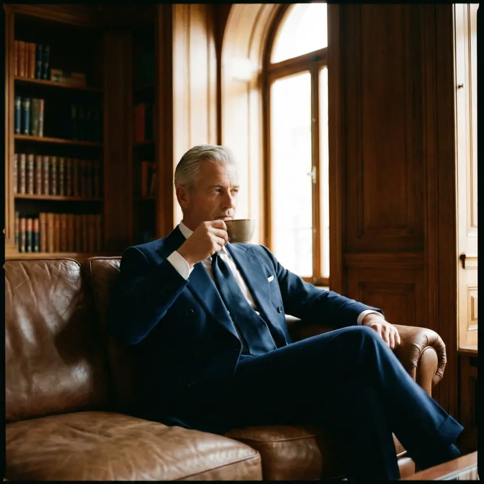 Gentleman wearing a navy double-breasted power suit styled with a monochromatic solid navy silk tie for a look of quiet authority.