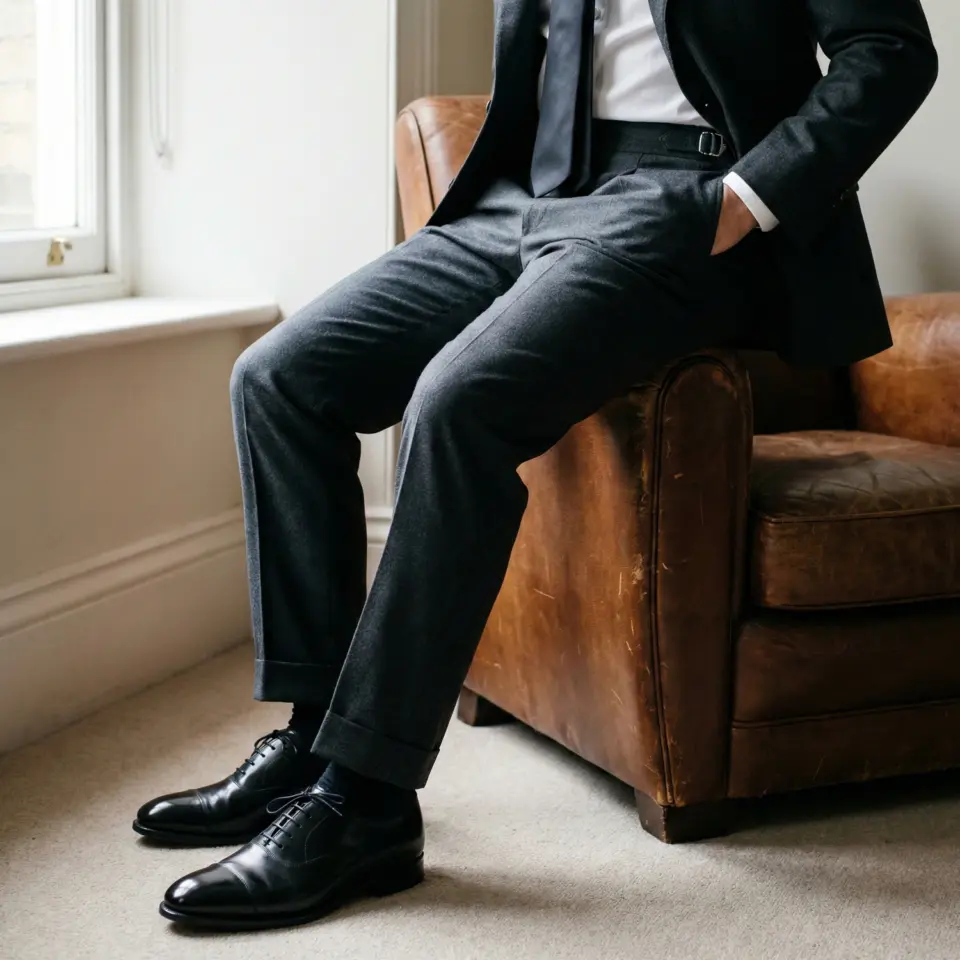Man in a dark suit sitting on a leather chair, showcasing polished black dress shoes and tailored trousers.