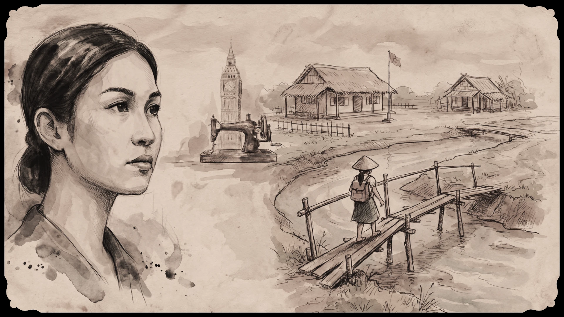 Vintage-themed illustration of a woman's profile, rural landscape, and a sewing machine, symbolizing diverse cultural heritage.